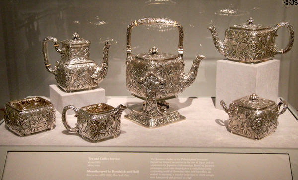 Silver & ivory tea & coffee service in Japanese style (c1881) by Dominick & Huff of New York City at Smithsonian American Art Museum. Washington, DC.