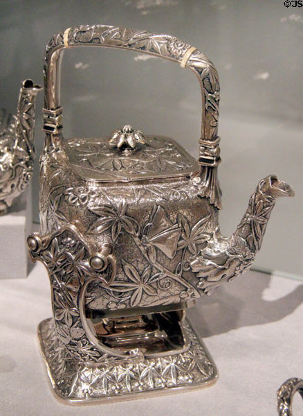 Silver tea pot in Japanese style (c1881) by Dominick & Huff of New York City at Smithsonian American Art Museum. Washington, DC.