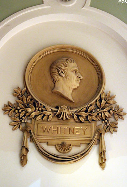 Plaque to inventor Eli Whitney in Great Hall of former U.S. Patent Office building. Washington, DC.