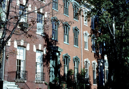 Wheatley houses built as mirrored pair (1859) (3041-43 N St. NW, Georgetown). Washington, DC. Architect: Francis Wheatley, builder.