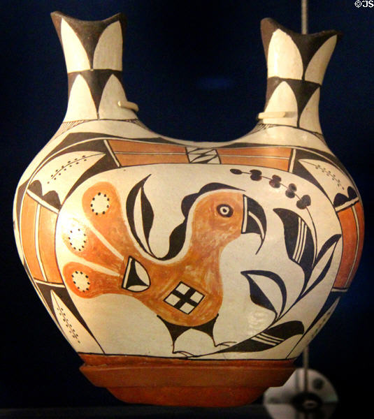 Ceramic native two-spout jug with bird design at National Museum of the American Indian. Washington, DC.