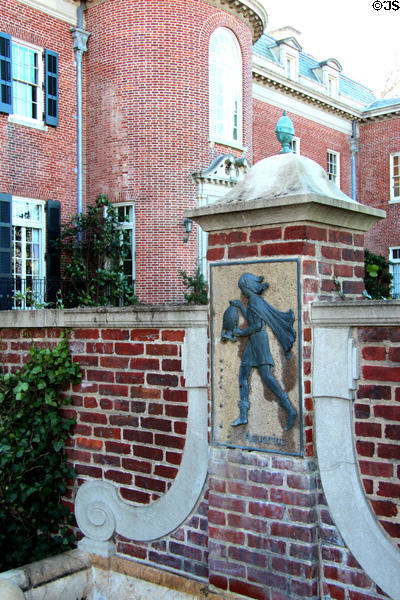 Star Garden wall with plaque of Aquarius at Dumbarton Oaks. Washington, DC.