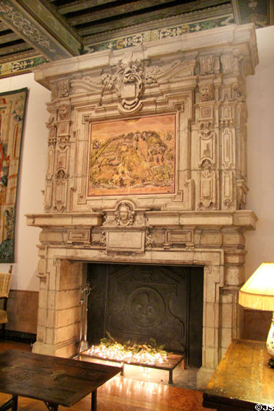 French Renaissance limestone mantelpiece (16thC) in Music Room at Dumbarton Oaks Museum. Washington, DC.