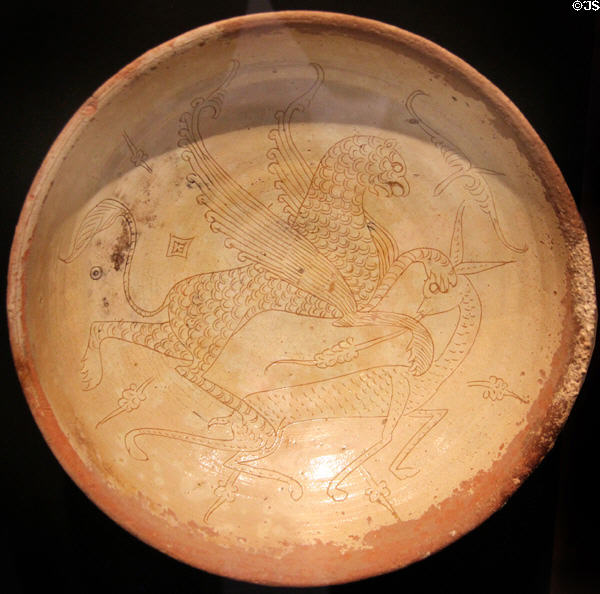 Middle Byzantine ceramic bowl with Griffin attacking a Doe (12thC) at Dumbarton Oaks Museum. Washington, DC.