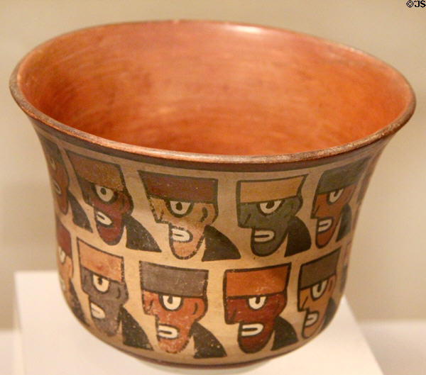 Nazca ceramic cup painted with trophy heads (350-450) from Peru at Dumbarton Oaks Museum. Washington, DC.