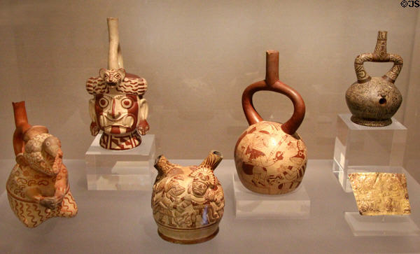 Moche ceramic stirrup-spout bottles (100-800) from Peru at Dumbarton Oaks Museum. Washington, DC.