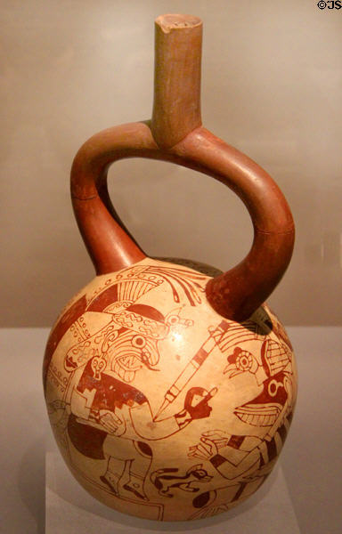 Moche ceramic stirrup-spout bottle figure of Wrinkle Face painted rather than sculpted (100-800) from Peru at Dumbarton Oaks Museum. Washington, DC.