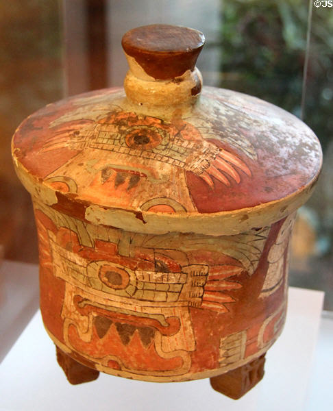 Teotihuacan ceramic tripod jar with lid (200-750 CE) from Mexico at Dumbarton Oaks Museum. Washington, DC.
