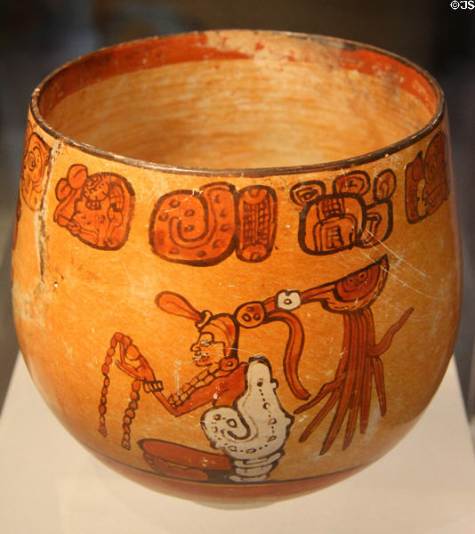 Classic Mayan ceramic polychrome jar painted with creator deity (500-700CE) from Mexico at Dumbarton Oaks Museum. Washington, DC.
