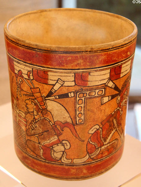 Late Classic Mayan ceramic polychrome vessel painted with court scenes (650-900 CE) from Mexico at Dumbarton Oaks Museum. Washington, DC.