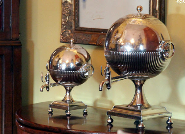 Pair of silver coffee or tea urns at Tudor Place. Washington, DC.