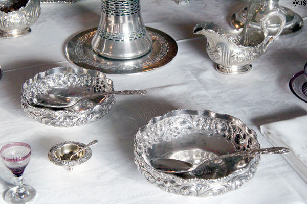 Dining room silver serving dishes at Tudor Place. Washington, DC.