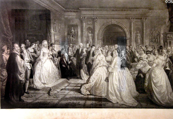 Lady Washington's Reception engraving (c1861-75) after painting by Daniel Huntington at DAR Memorial Continental Hall. Washington, DC.