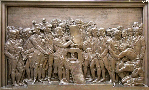 Bronze plaque (1905) to Heroes of the Independence by David D'Anges of DAR at Memorial Continental Hall. Washington, DC.