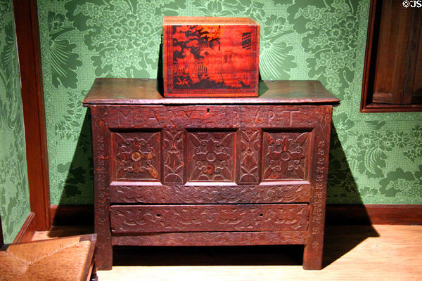 Oak chest inscribed Mary Burt (c1716) from Connecticut River Valley in Massachusetts Period Room at DAR Memorial Continental Hall. Washington, DC.