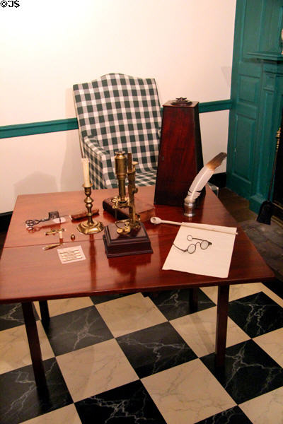 Pembroke table (1765-80) from Maryland, armchair (1780-1800) from MD or DE & microscope (c1761) from London in Delaware period study (1780s) at DAR Memorial Continental Hall. Washington, DC.