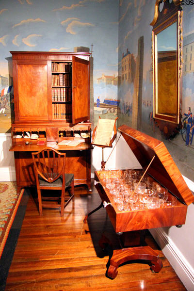 Mahogany desk & bookcase (c1790) & grand harmonicon in Maryland period parlor at DAR Memorial Continental Hall. Washington, DC.