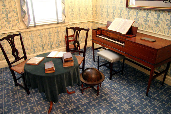 Mahogany pianoforte (1794) by Charles Taws of Philadelphia in West Virginia period parlor (early 19thC) at DAR Memorial Continental Hall. Washington, DC.