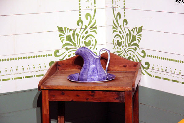 Washstand with spatterware basin & pitcher (1848-1944) by J & S Alcock Jr. in Cobridge, England in Texas period bedroom at DAR Memorial Continental Hall. Washington, DC.