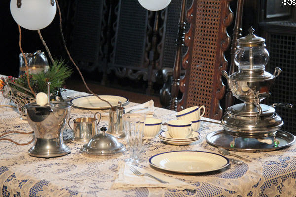Table service with electric water kettle in New Jersey period English Chamber at DAR Memorial Continental Hall. Washington, DC.