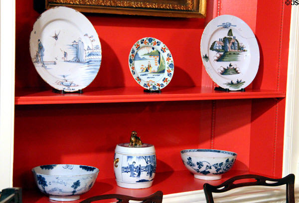 Display of Chinese import & English porcelain (late 18thC) in Michigan period library at DAR Memorial Continental Hall. Washington, DC.