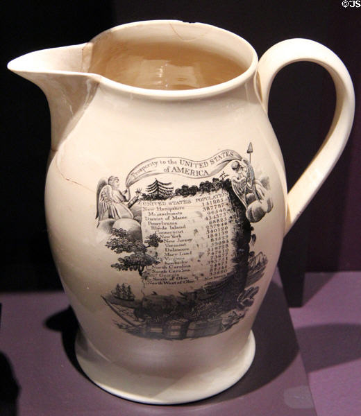 USA Census creamware pitcher (c1790) made in England shows populations state by state (15states + 3 regional) at DAR Memorial Continental Hall Museum. Washington, DC.