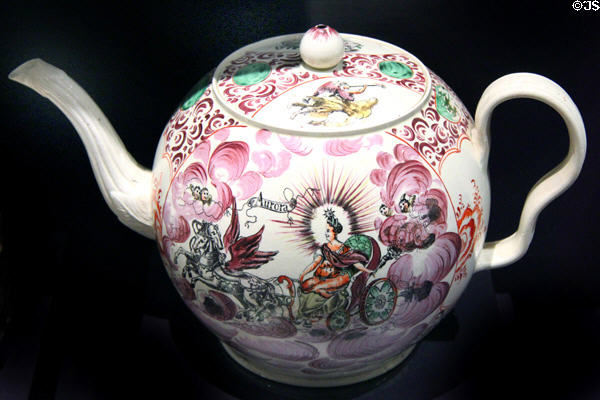 Creamware punch pot with transfer print of Aurora (1770-1780) by William Greatbatch of Staffordshire, England at DAR Memorial Continental Hall Museum. Washington, DC.