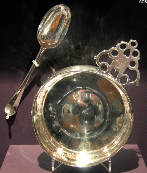 Silver porringer (1690-1700) & spoon (c1730) by John Edwards of Boston at DAR Memorial Continental Hall Museum. Washington, DC.