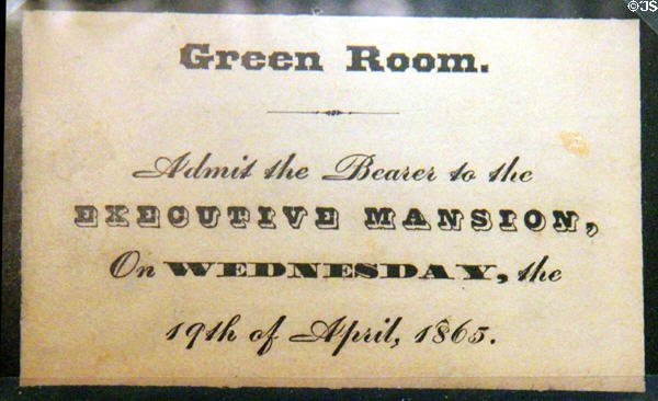Lincoln funeral admission ticked to the Executive Mansion for (April 19, 1865) at House Where Lincoln Died. Washington, DC.