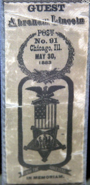 Grand Army of the Republic reunion ribbon (May 30, 1883) for event in Chicago at House Where Lincoln Died. Washington, DC.