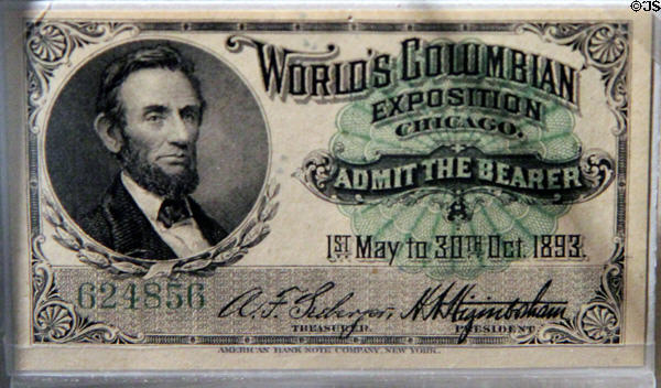 World Columbian Exposition in Chicago (1893) admission ticket with Lincoln's image at House Where Lincoln Died. Washington, DC.