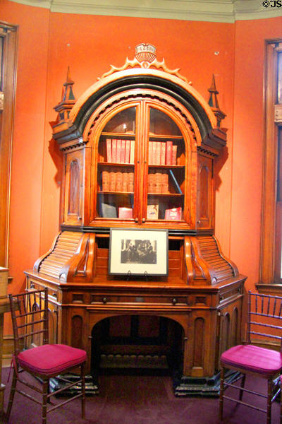 Custom carved desk with bookshelves (1872) made in Boseman, Montana at Christian Heurich Mansion. Washington, DC.