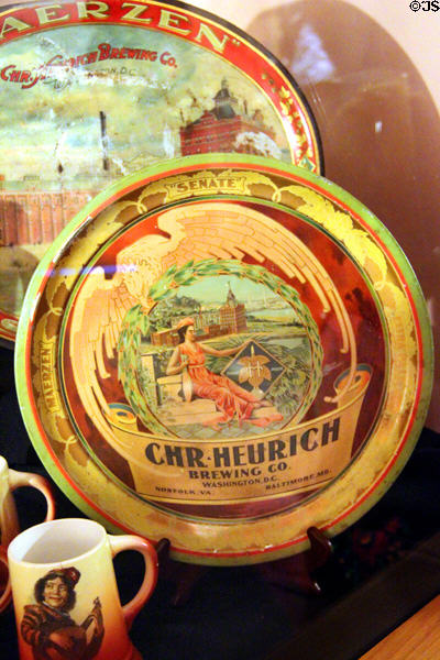 Tin enameled advertising trays from Christian Heurich Brewing Co. of Washington, DC at Christian Heurich Mansion. Washington, DC.