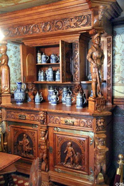 Carved sideboard in basement beer hall at Christian Heurich Mansion. Washington, DC.