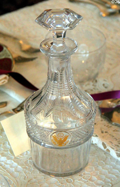 Glass decanter with Presidential seal at Woodrow Wilson House. Washington, DC.