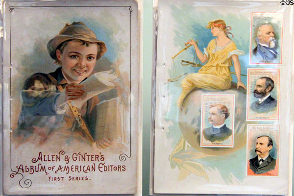 Cigarette cards album (1890s) of famous American newspaper editors at Newseum. Washington, DC.