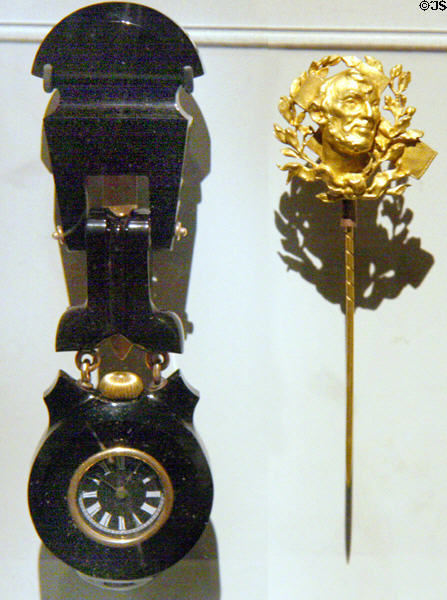 Mary Lincoln's black onyx mourning watch & gold pin with image of Abraham Lincoln's face at National Museum of American History. Washington, DC.