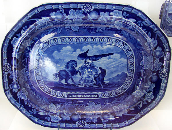 Blue flow plate (c1829) with seal of Pennsylvania by English potter Thomas Mayer at National Museum of American History. Washington, DC.
