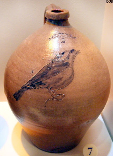 Bird-design stoneware jug (1822) by Israel Seymour of Troy, NY at National Museum of American History. Washington, DC.