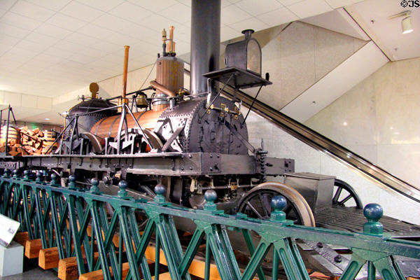 John Bull Locomotive (1831) on section of first American iron rail bridge (1845) from Pennsylvania at National Museum of American History. Washington, DC.