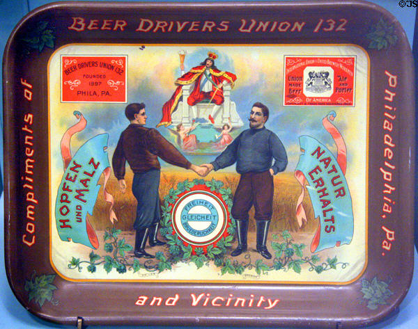 Beer Drivers Union of Philadelphia tine serving tray at National Museum of American History. Washington, DC.