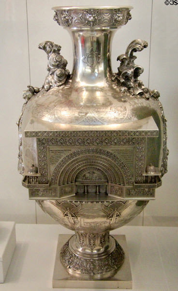 Silver Tiffany vase models Transportation Building by Louis Sullivan at 1893 World's Columbian Exposition in Chicago at National Museum of American History. Washington, DC.