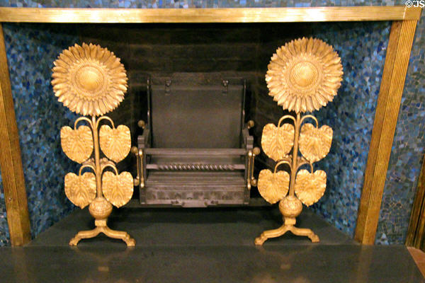 Peacock Room fireplace sunflower andirons at Smithsonian Freer Gallery of Art. Washington, DC.