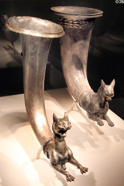 Silver & gold Parthian wine horns with lynx heads (1stC BCE - 1stC CE) from Iran at Smithsonian Arthur M. Sackler Gallery. Washington, DC.
