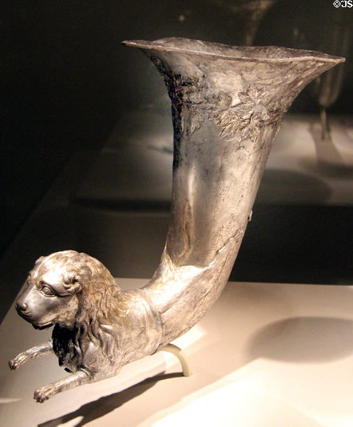 Silver & gold Parthian wine horn with lion head (1stC BCE - 1stC CE) from Iran at Smithsonian Arthur M. Sackler Gallery. Washington, DC.