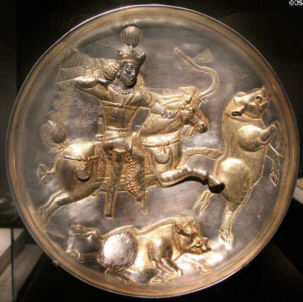 Silver & gold Sasanian plate with horseman hunting boars (4thC) from Iran at Smithsonian Arthur M. Sackler Gallery. Washington, DC.