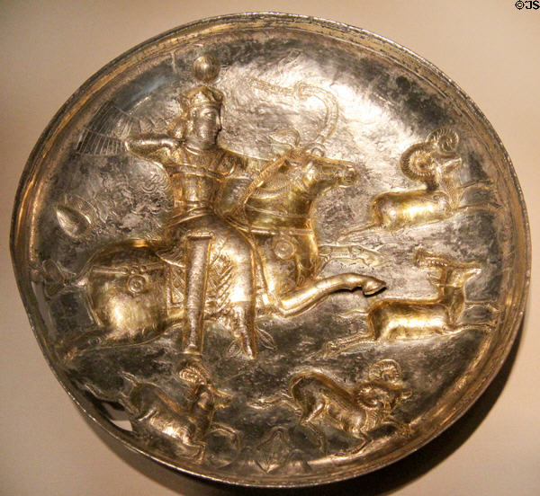 Silver & gold Sasanian plate with horseman hunting wild goats (4-5thC) from Iran at Smithsonian Arthur M. Sackler Gallery. Washington, DC.