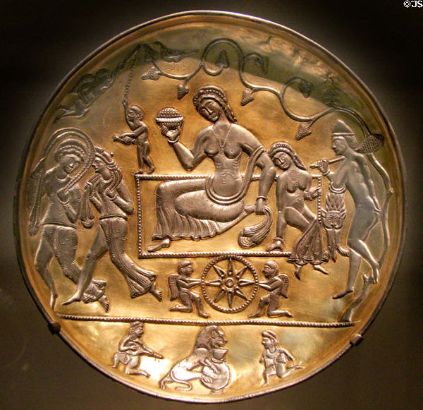 Silver & gold Sasanian plate with Dionysus scene (5-7thC) from Iran at Smithsonian Arthur M. Sackler Gallery. Washington, DC.