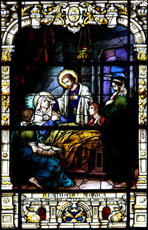 Stained glass window of death of St Monica in Cathedral. St Augustine, FL.