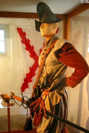 Clothing & helmet of Spanish soldier (c1565) who did not have uniforms at Museum of Florida's Military. St Augustine, FL.